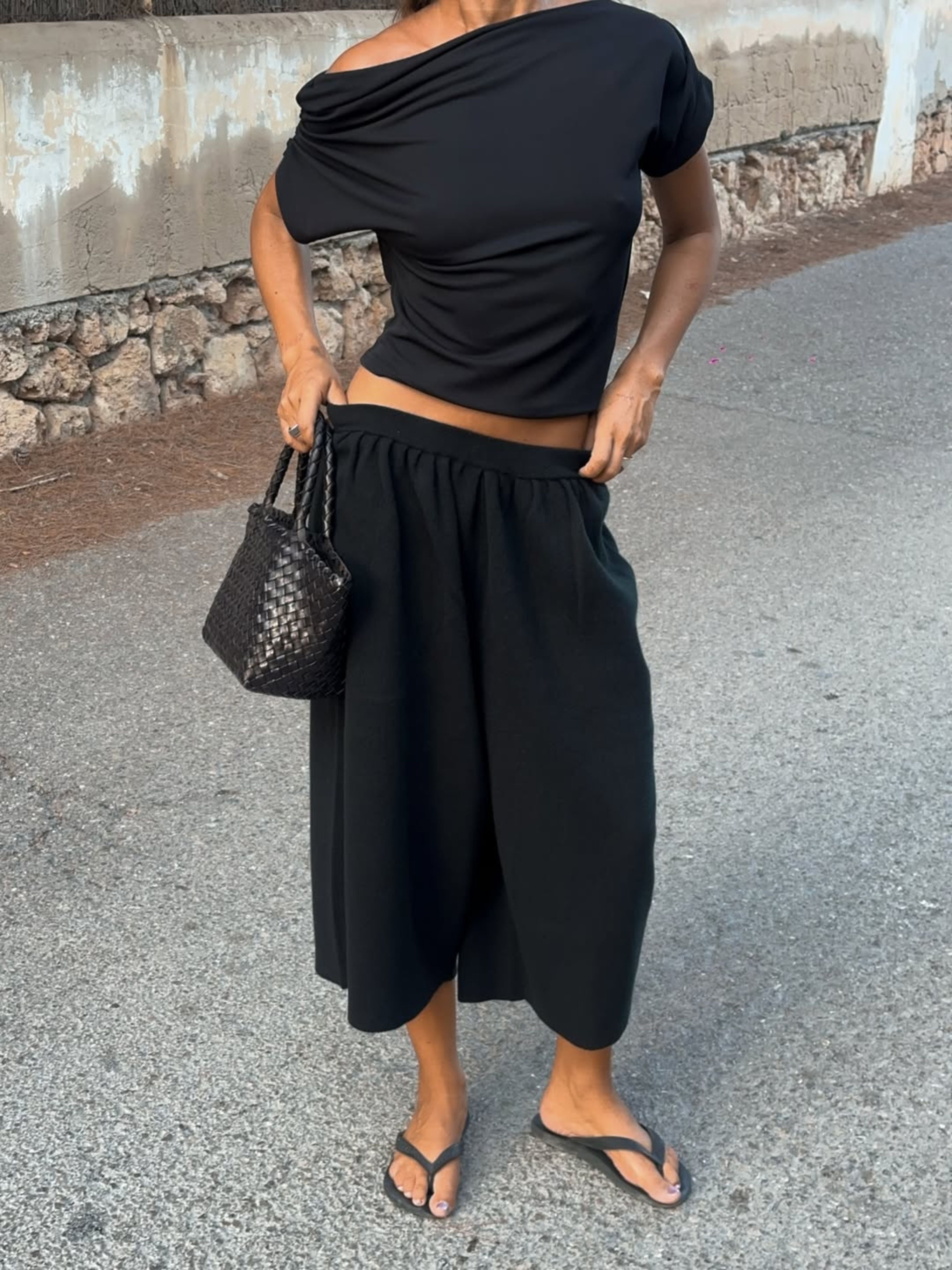 Draped Over Shoulder Top Black