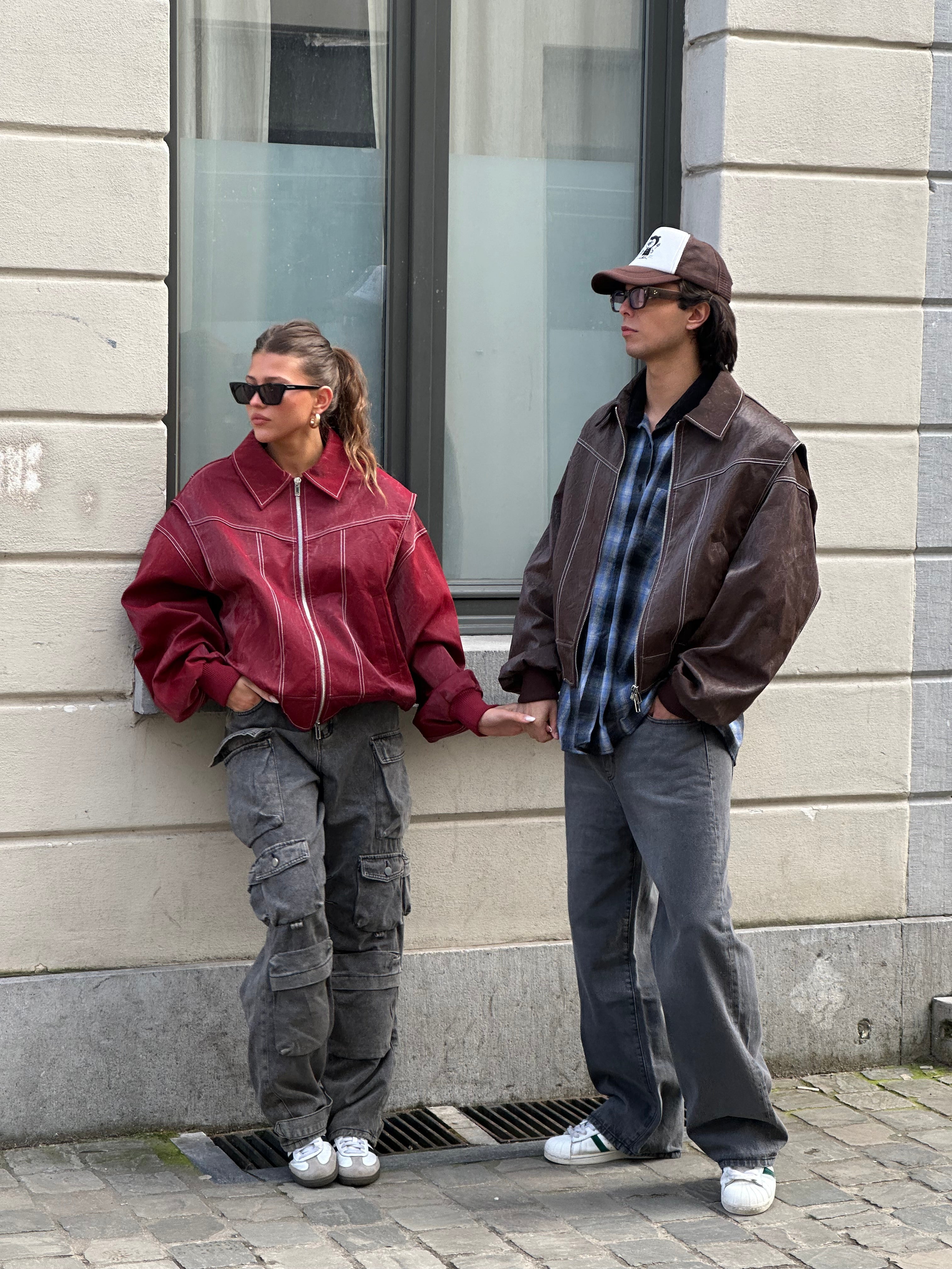 Oversized Contrast Stitch Jacket Brown