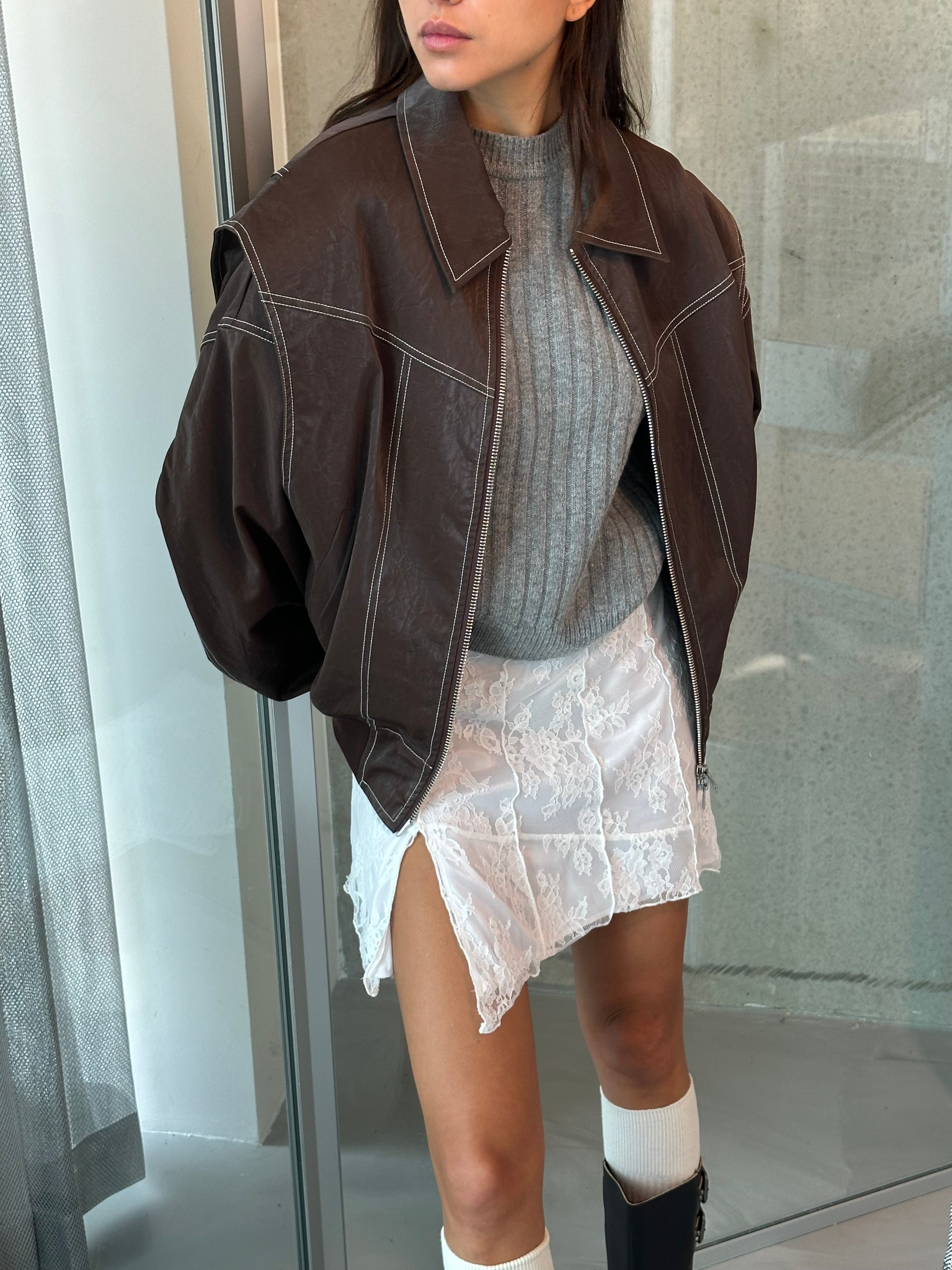 Oversized Contrast Stitch Jacket Brown