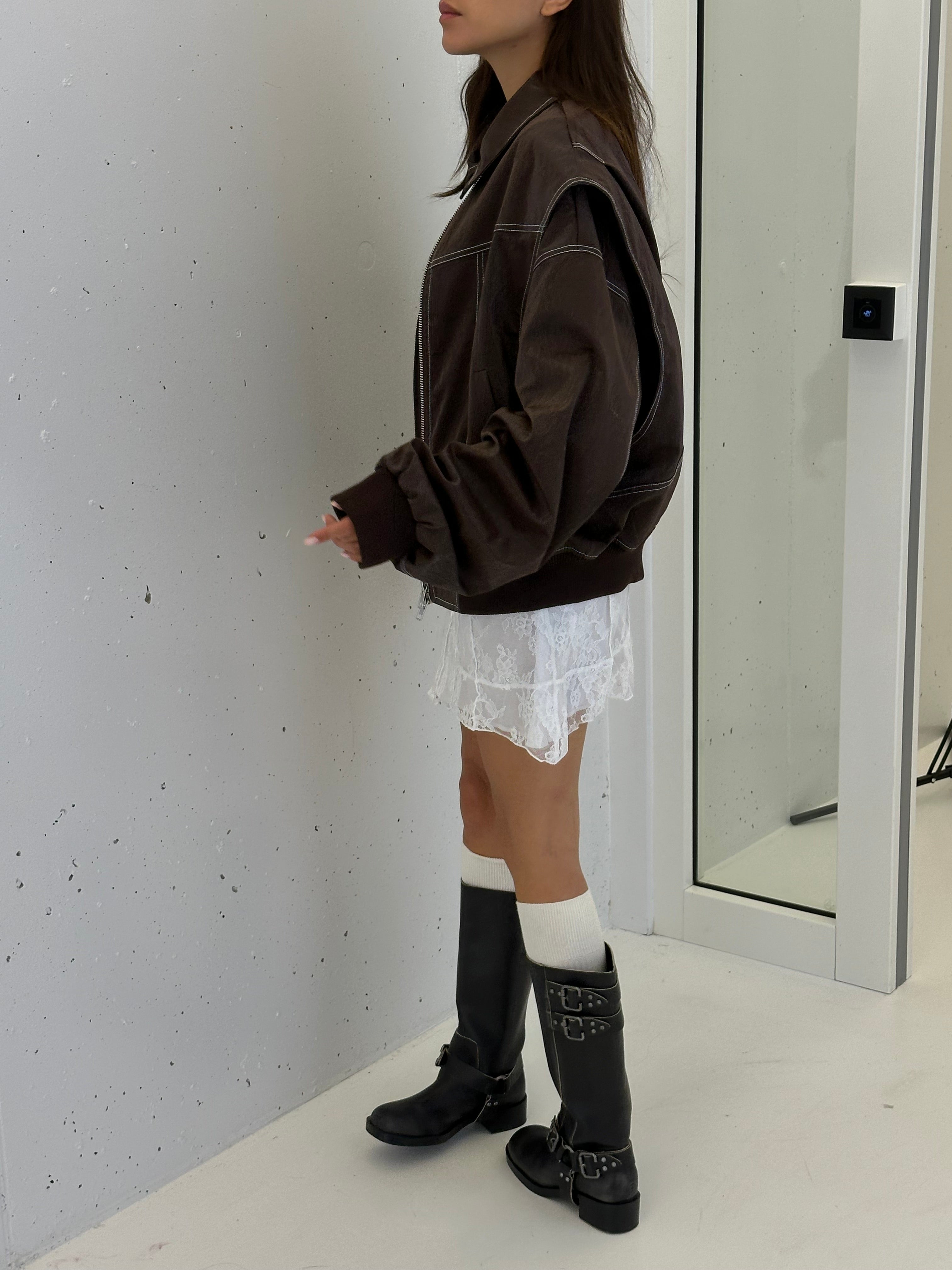 Oversized Contrast Stitch Jacket Brown