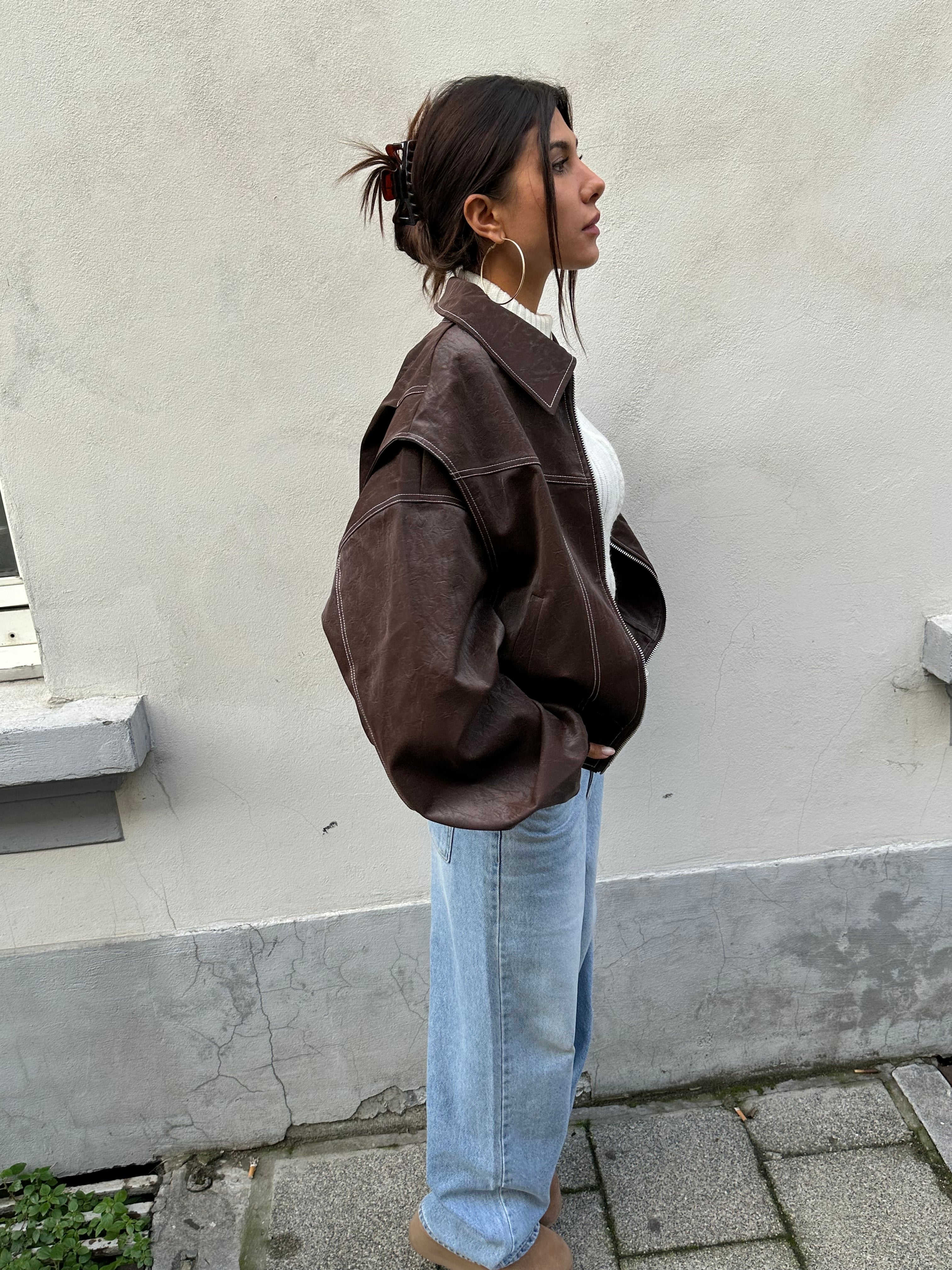 Oversized Contrast Stitch Jacket Brown