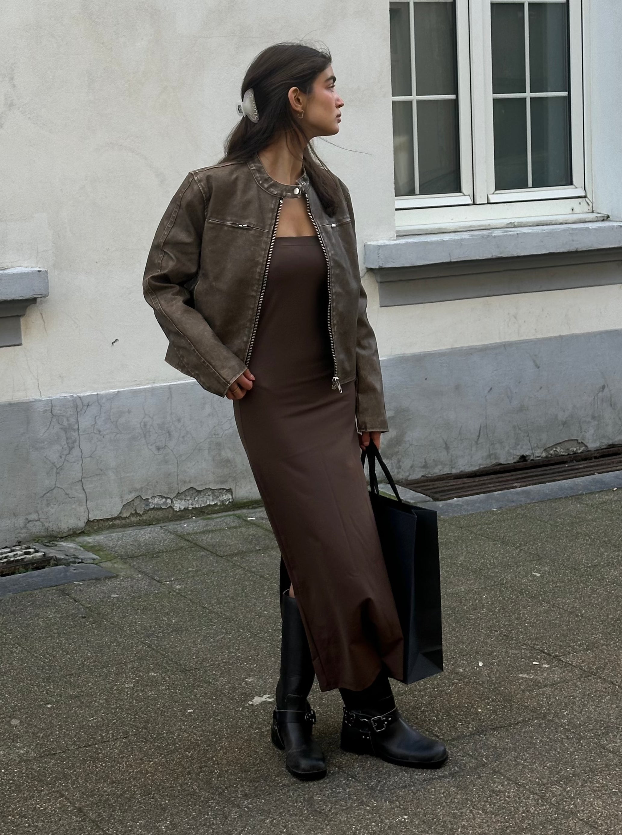 Zipper Pockets Washed Jacket Brown