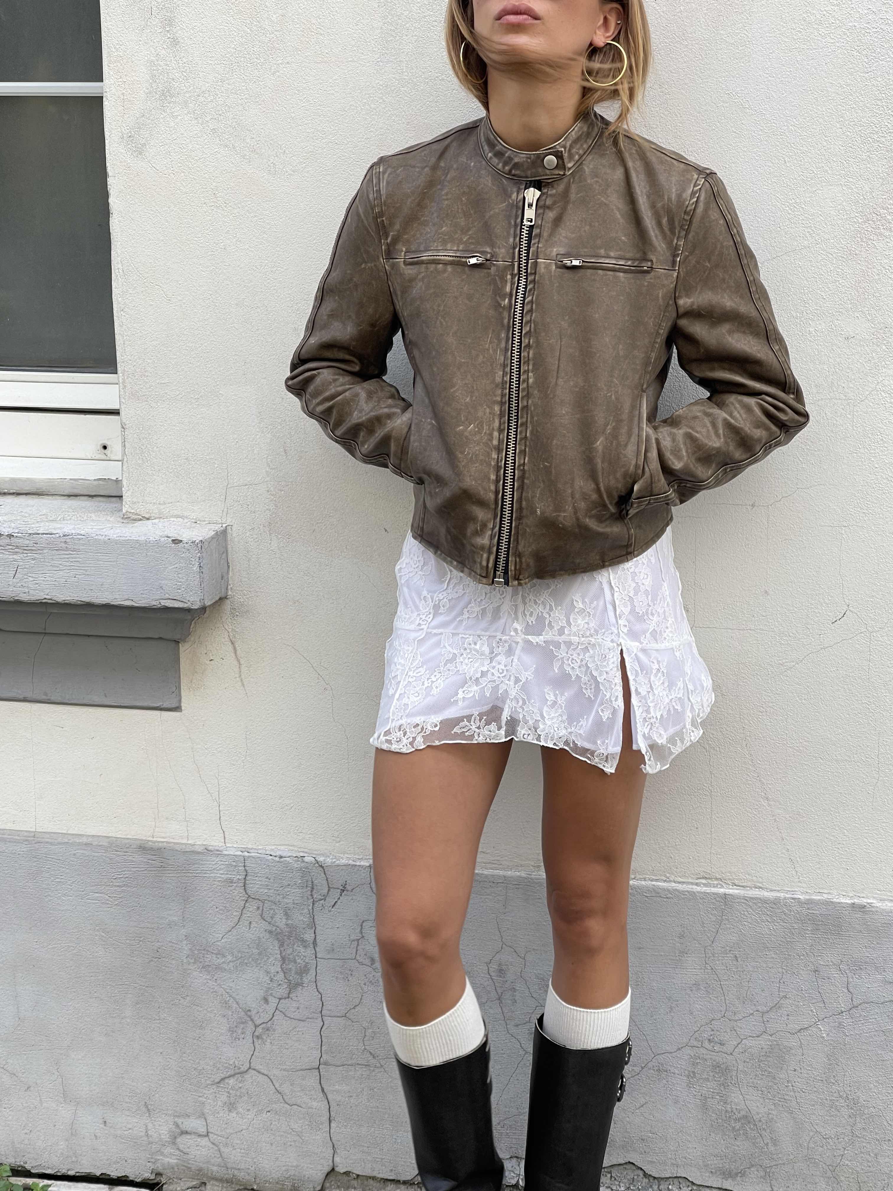 Zipper Pockets Washed Jacket Brown